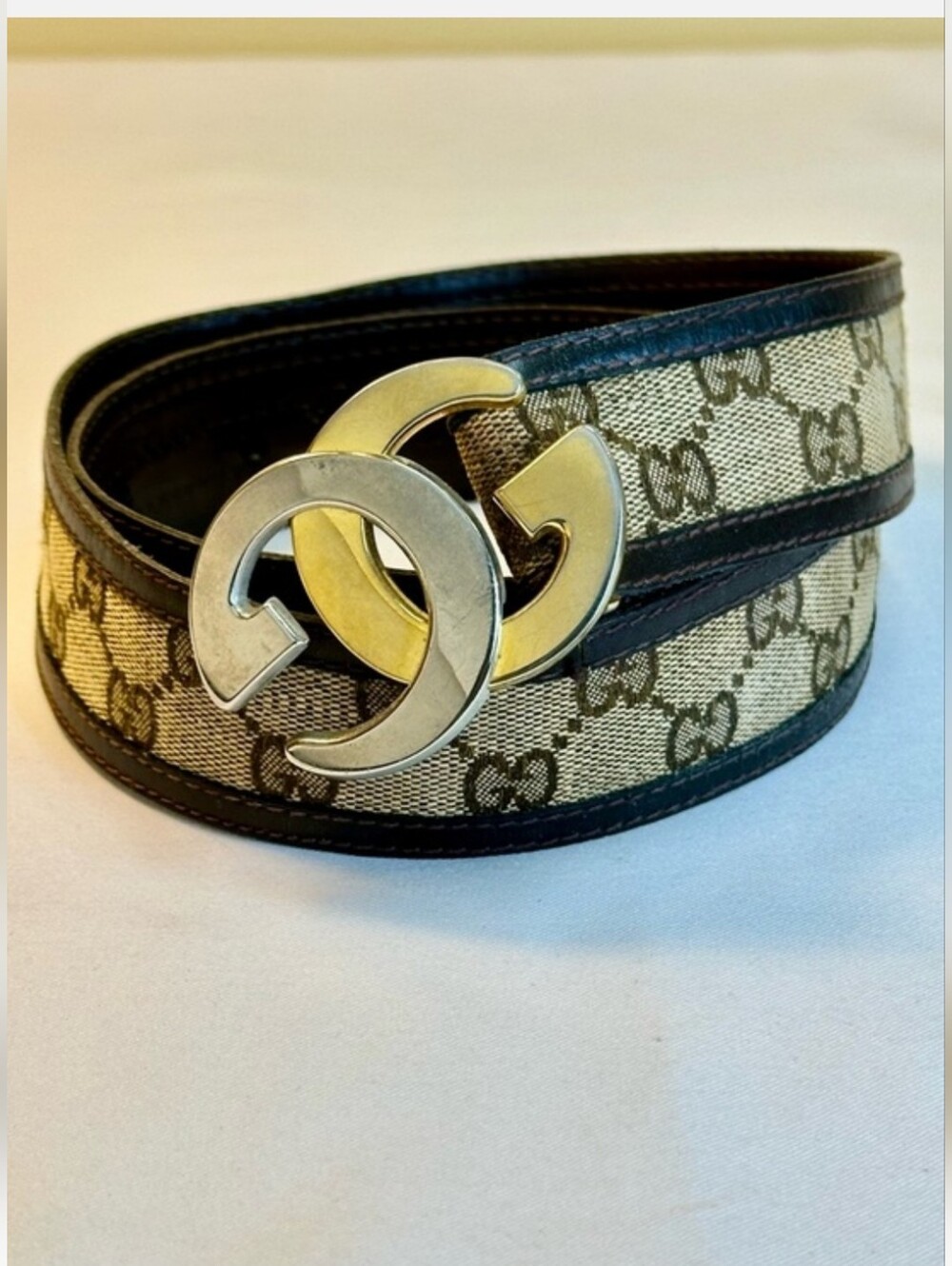 Gucci Beige/Tan Monogram Canvas Belt with Gold & Silver Double GG Buckle